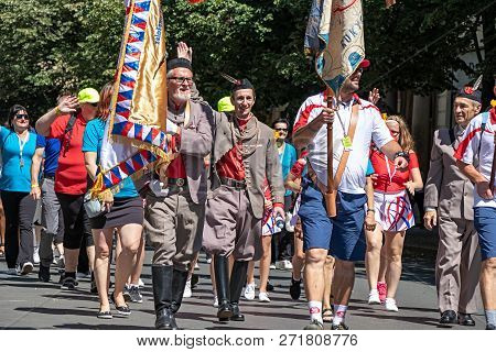 Prague, Czech Republic - July 1, 2018: People Parading At Sokolsky Slet, A Once-every-six-years Gath
