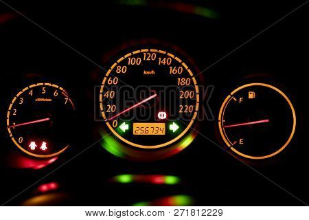 Light Automobile Instrument Panels Of Car On Night For First Start And Checking Engine.