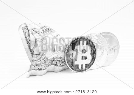 Blurred Crumpled Dollar Money And Different Bitcoin