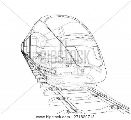 Modern Speed Train Concept. 3d Illustration. Wire-frame Style
