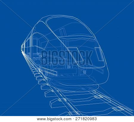 Modern Speed Train Concept. 3d Illustration. Wire-frame Style