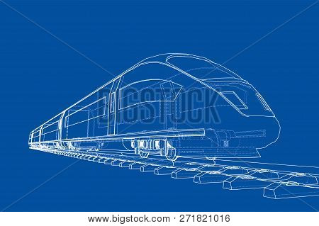 Modern Speed Train Concept. 3d Illustration. Wire-frame Style