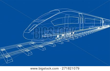 Modern Speed Train Concept. 3d Illustration. Wire-frame Style