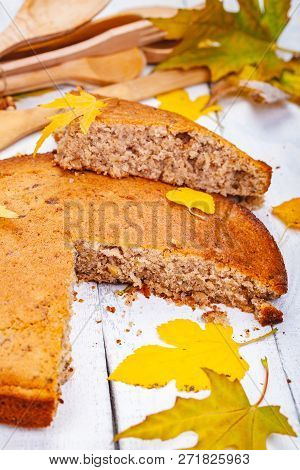 Semolina Cake Or Manna Pie With Walnuts And Raisins On Wooden Rustic Table. Close Up