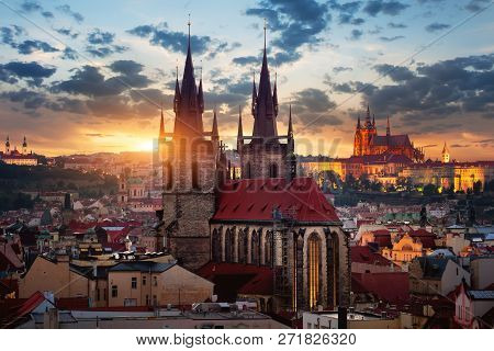 Tynsky Temlpe And St Vitus Cathedral At Sunrise In Prague