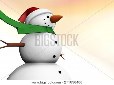 Cinema4d Illustration Of Snowman With Christmas Hat On With A Pink And Orange Afternoon Skiy In The 