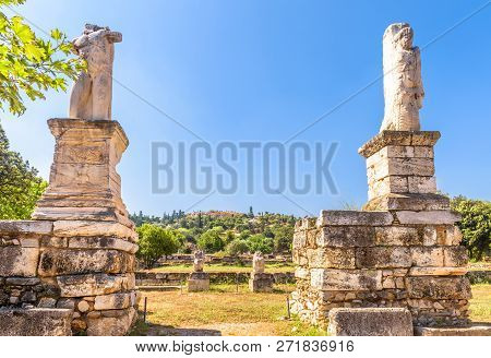 Statues On The Ancient Agora, Athens, Greece. Scenic View Of The Historical Park In Athens Center. F
