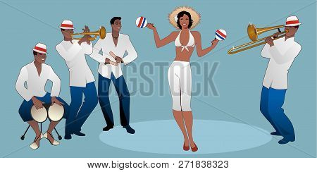 Beautiful Dancer Playing Maracas And Four Latin Musicians Playing Bongos, Trumpet, Claves And Trombo
