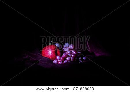 Still Life With Red Grapes And Apples On A Red Velvet Cover, Food, Fruit, Photography