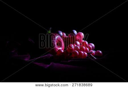 Still Life With Red Grapes And Apples On A Red Velvet Cover, Food, Fruit, Photography
