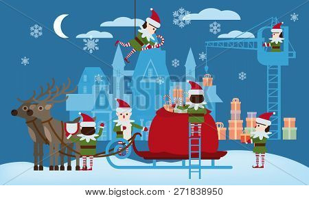 Merry Christmas And Happy New Year. Elves Helpers Collect Gifts In The Bag Of Santa Claus, Sleigh Wi