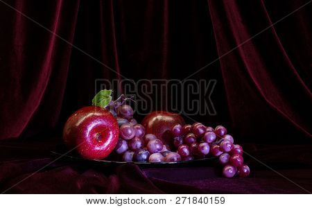 Still Life With Red Grapes And Apples On A Red Velvet Cover, Food, Fruit, Photography