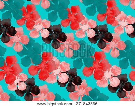 Hawaiian Watercolor Pattern. Pink Red Floral Tropical Seamless Print. Hibiscus And Oleander In Hawai