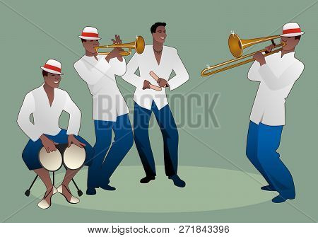 Latin Band. Four Latin Musicians Playing Bongos, Trumpet, Claves And Trombone.