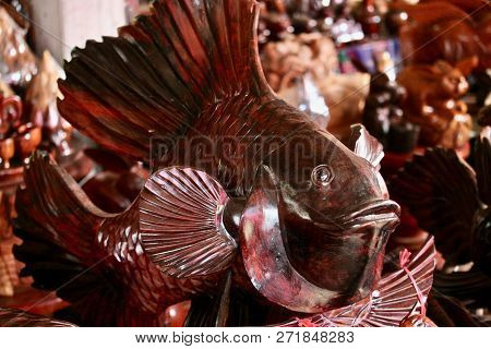 Beautifully Carved Dark Wooden Fish Showing The Reds In The Wood, By A Master Carver In Cambodia