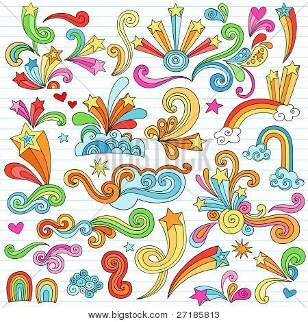 Элементы дизайна каракули рисованной психоделический Groovy ноутбука установить на Backgrou бумаге разлинованной Sketchbook