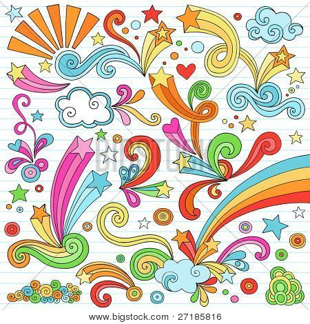 Элементы дизайна каракули рисованной психоделический Groovy ноутбука установить на Backgrou бумаге разлинованной Sketchbook