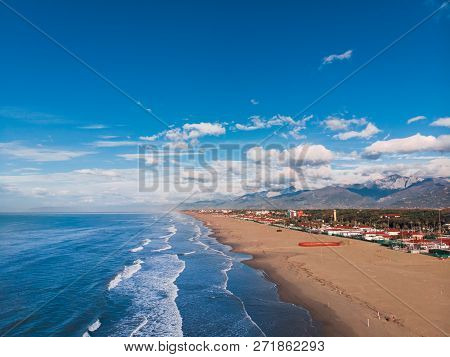 Aerail Photo Beach Of Viareggio Morning, Italy Tuscany Versilia