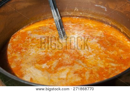Stainless Steel Saucepan With Tripe Soup Closeup