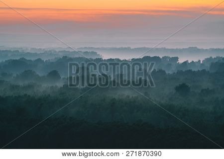 Mystical View From Top On Forest Under Haze At Early Morning. Mist Among Layers From Tree Silhouette