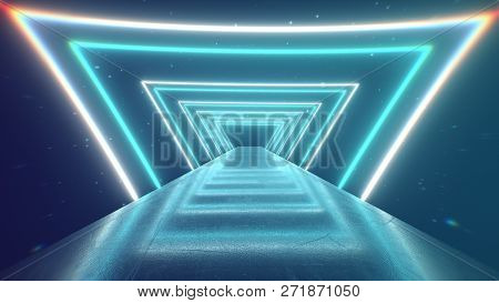 Flying Through Glowing Rotating Neon Triangles Creating A Tunnel, Blue Red Pink Violet Spectrum, Flu