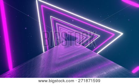 Flying Through Glowing Rotating Neon Triangles Creating A Tunnel, Blue Red Pink Violet Spectrum, Flu