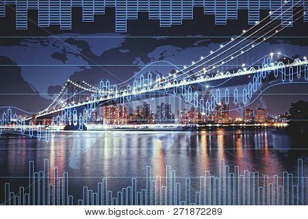 Night City Background With Digital Forex Chart. Trade And Future Concept. Double Exposure