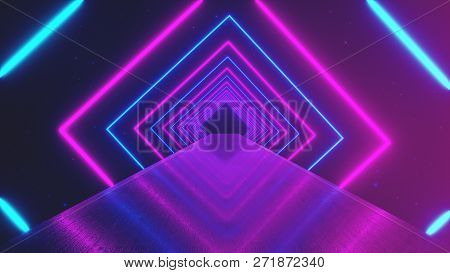 Abstract Motion Geometric Background, Glowing Neon Squares Creating A Rotating Tunnel, Blue Pink Pur