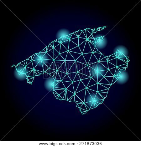 Glossy Polygonal Mesh Map Of Majorca With Glare Effect. Abstract Mesh Lines, Triangles, Light Spots 