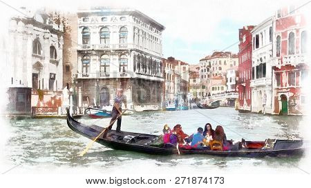 Gondola In A Canal In Venice, Italy. Watercolor Landscape Of Venice, Italy