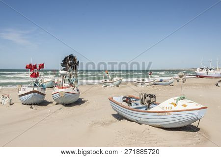 Norre Vorupor, Denmark - May 8, 2017: Fishing Boats On The Beach On May 8, 2017 In Norre Vorupor, De