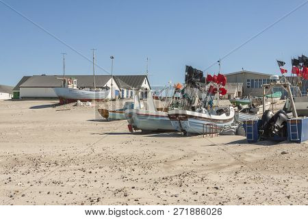 Norre Vorupor, Denmark - May 8, 2017: Fishing Boats On The Beach On May 8, 2017 In Norre Vorupor, De