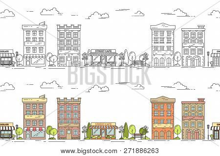City Line Vector Illustration Seamless Pattern Set With Vintage Multi Storey Apartment Houses With T