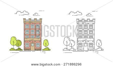 City Line Vector Illustration Set With Vintage Multi Storey Apartment House With Trees And Clouds.
