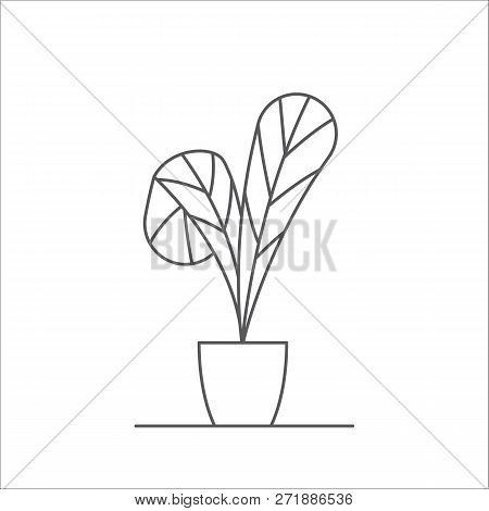 Houseplant Editable Line Vector Illustration - Outline Indoor Flower With Two Big Leaves In Pot.
