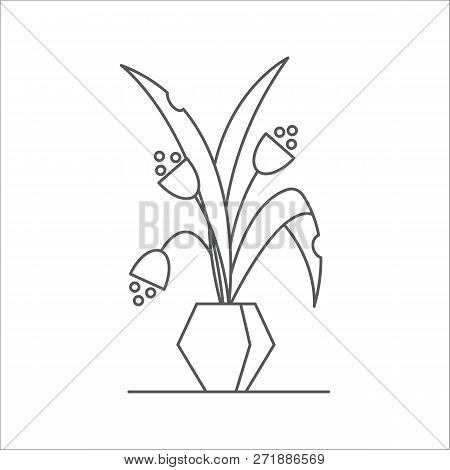 Houseplant Editable Line Vector Illustration - Outline Blooming Indoor Flower With Leaves And Blosso