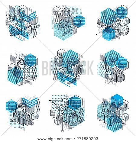 Lines And Shapes Abstract Vector Isometric 3d Backgrounds. Layouts Of Cubes, Hexagons, Squares, Rect
