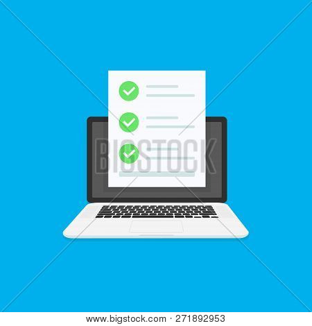 Online Exam, Laptop With Checklist, Taking Test, Choosing Answer, Questionnaire Form, Education Conc