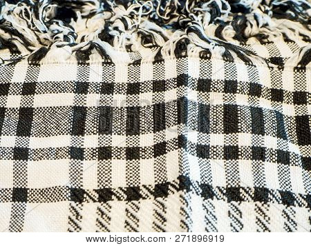Arafat Scarve. Weaved Texture Of A Material. Linen Natural Fabric, Square Pattern, Close Up. Silk Pa