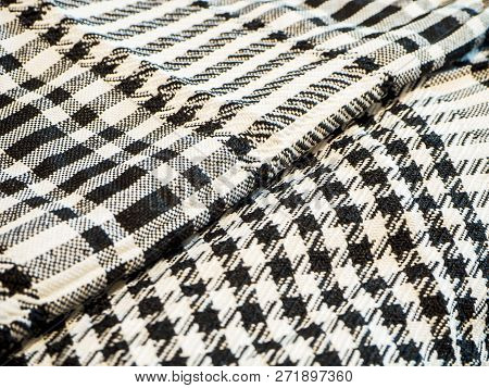 Arafat Scarve. Weaved Texture Of A Material. Linen Natural Fabric, Square Pattern, Close Up. Silk Pa