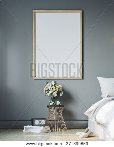 Frame Mockup In Interior. Cozy Bedroom With Empty Poster Frame.