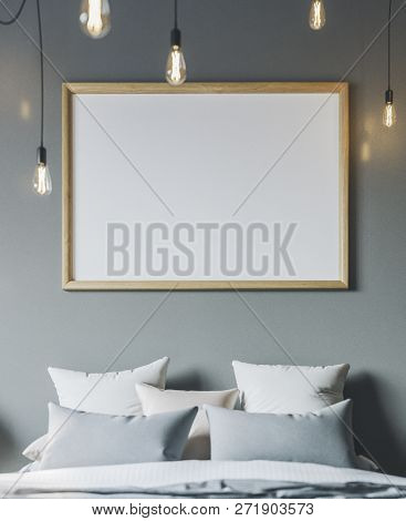 Frame Mockup In Interior. Cozy Bedroom With Empty Poster Frame.