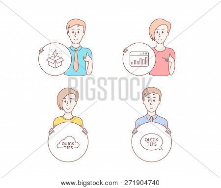 People Set Of Quick Tips, Marketing Statistics And Creative Idea Icons. Quickstart Guide Sign. Helpf