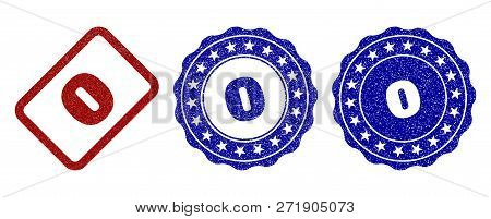 0 Grunge Stamp Seals In Red And Blue Colors. Vector 0 Imprints With Grunge Effect. Graphic Elements 