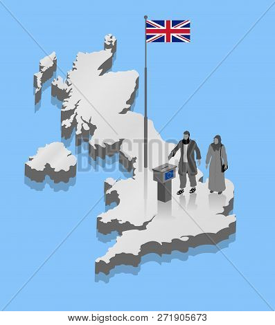 Religious Muslim Migrant Voters Are Voting For Brexit Over Uk Map. All The Objects, Shadows And Back