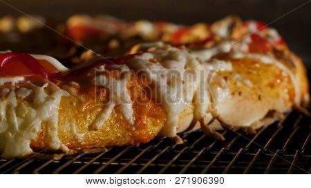 Italian Pizza Is Cooked In A Wood-fired Oven. Close Up. Frame. Cooking Pizza In An Electric Oven In 