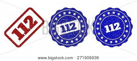 112 Grunge Stamp Seals In Red And Blue Colors. Vector 112 Signs With Grunge Style. Graphic Elements 