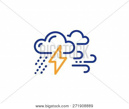 Clouds With Raindrops, Lightning, Wind Line Icon. Bad Weather Sign. Colorful Outline Concept. Blue A