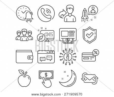 Set Of Group, Alarm Bell And Startup Icons. Refresh Mail, Atm And Browser Window Signs. Money Wallet
