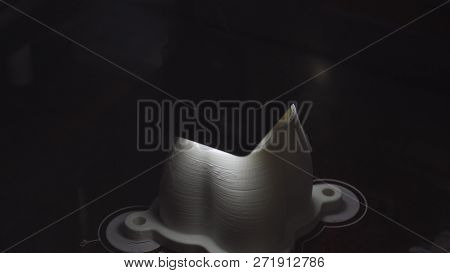 The Model Object Printed On The 3d Printer Is Inside The 3d Printer Close-up. Progressive Modern Add